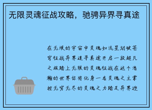 无限灵魂征战攻略，驰骋异界寻真途